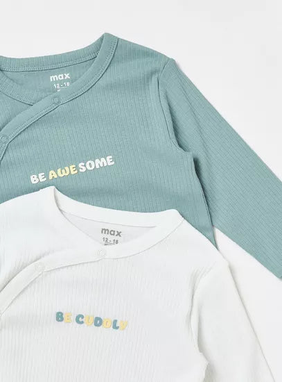 MAX : Pack of 2 - Ribbed Slogan Print Sleepsuit