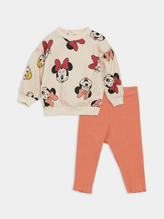 LC WAIKIKI : Crew Neck Long Sleeved Minnie Mouse Printed Baby Girl Sweatshirt and Leggings 2-Pack Set